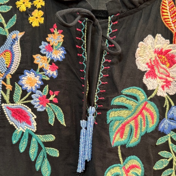 Johnny Was Tie Front Black Top with Colorful Embroidery and Beaded Tassles SZ - Picture 4 of 8